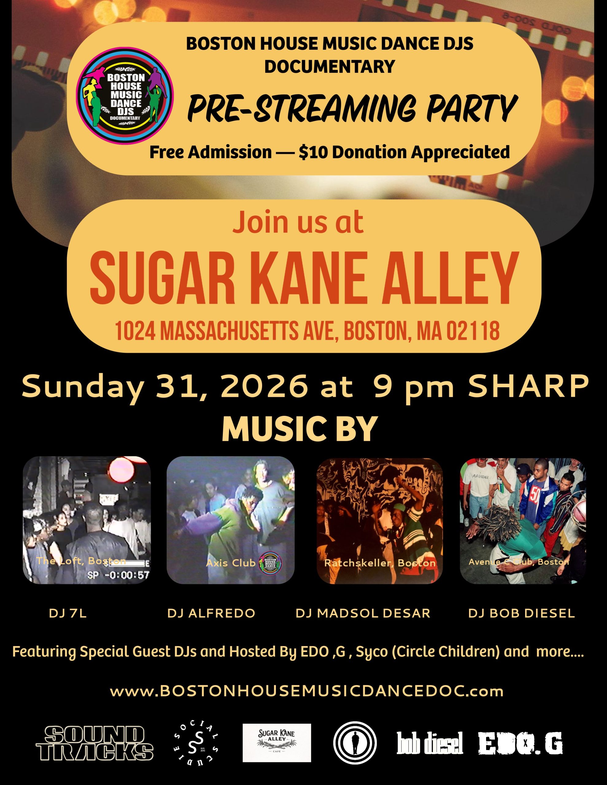 May 31, 2026. Boston House Music Dance DJs Documentary collab with Sugar Kane Alley. Pre-Streaming Party at Sugar Kane Alley 9pm SHARP. #LiveDJs #Hosted #Vinyl #Digital #TV #Film #BostonDoc #NE #Free #Donation